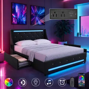 Full Size Bed Frame with LED Lights, Upholstered Platform Bed Frame with Charging Station and Diamond Headboard, Wooden Slats, Easy Assembly, Noise Free, No Box Spring Needed, Black