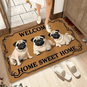 Adorable Pug Welcome Mat Soft Flannel Material Thick Pile 0.4 Washable Polyester Rectangular Shape Machine Washable Home Decor Entryway Pet Mat Anti-Slip Features