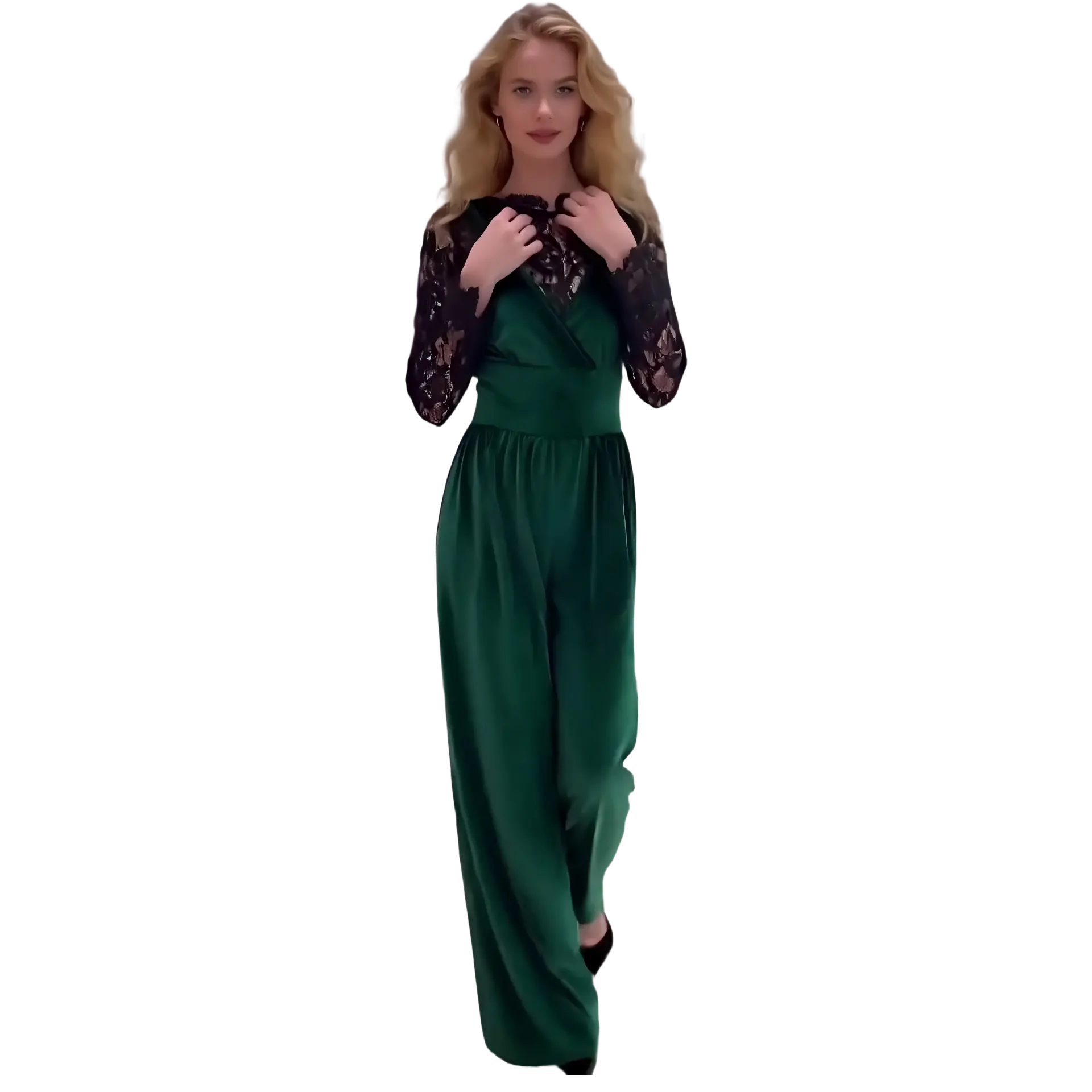 True Gleam Women's Emerald Velvet Jumpsuit & Lace Top Set Elegant Long Sleeve Top with Wide-Leg Jumpsuit for Spring Fall Casual Luxury Collection Black Chic rave outfits matching sets