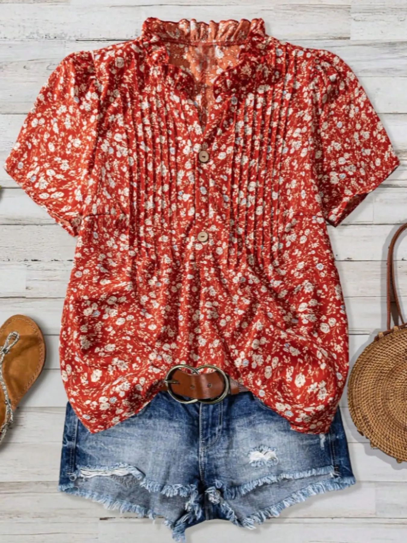 Women's Summer Floral Casual Boho Fashion Short Sleeve Pleated Pullover Blouse Shirt Casual Floral Print, Womenswear Fitted Woven Fabric Lightweight Top for Daily Commuting & Casual Wear