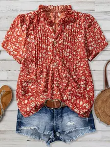 Women's Summer Floral Short Sleeve Pleated Pullover Blouse Shirt, Fitted Woven Fabric Lightweight Top for Daily Commuting & Casual Wear