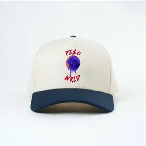 Pe$o Wrld "Lucky 7" Hat - White with Navy Blue Brim and Unique Logo Design