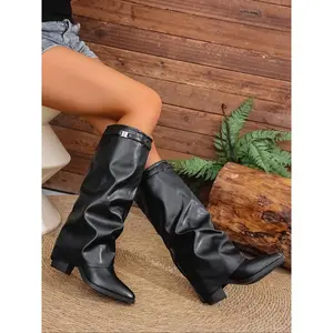 Women's Leather Foldover Shark Classic Buckle High Top Pointed Toe Boots, Fashionable Design for Trendy Women, Durable Comfortable Shoes