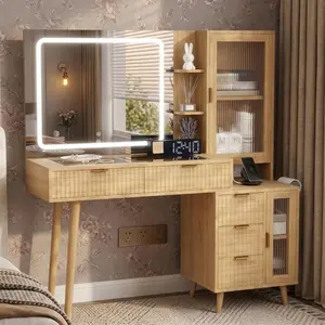 49" Fluted Boho Makeup Vanity Desk with Lighted Mirror, Modern Glass Top, Charging Station, 5 Drawers and 2 Cabinets with Adjustable Shelves