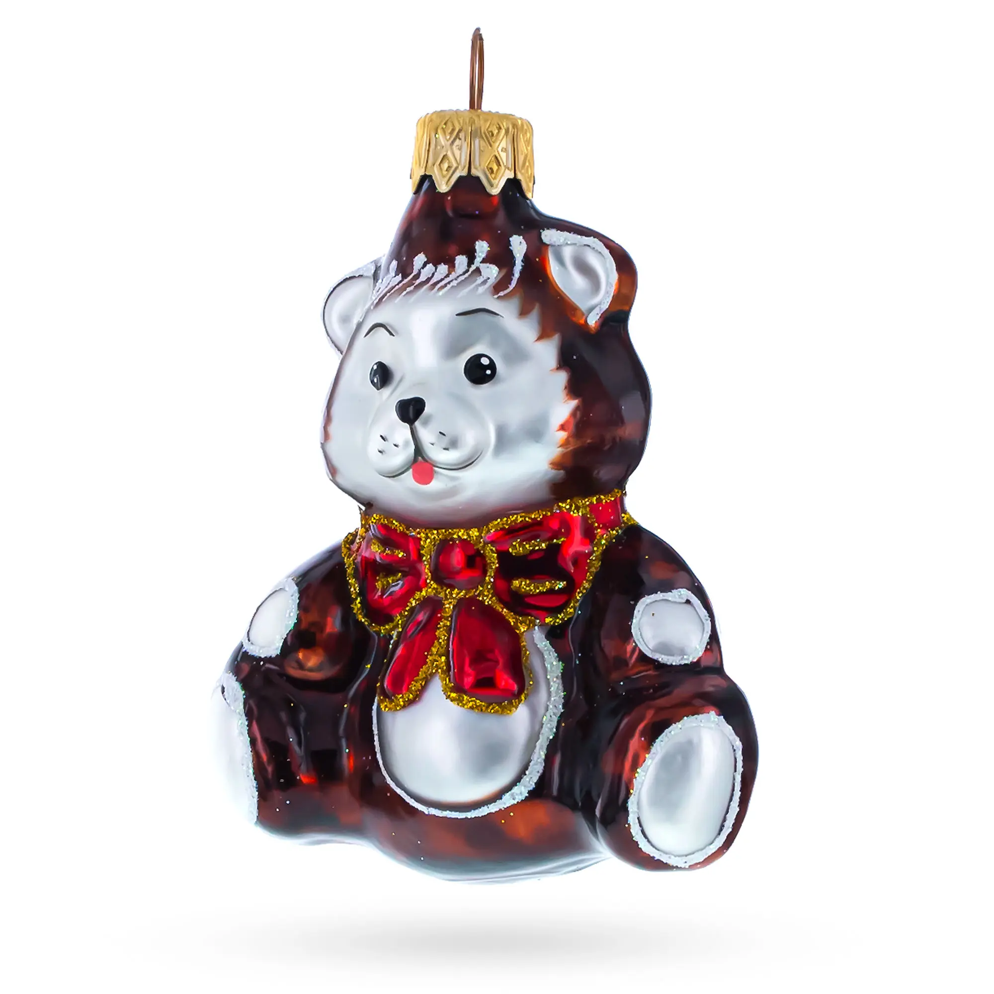 Cute Baby Bear with Red Bow Mini Glass Christmas Ornament