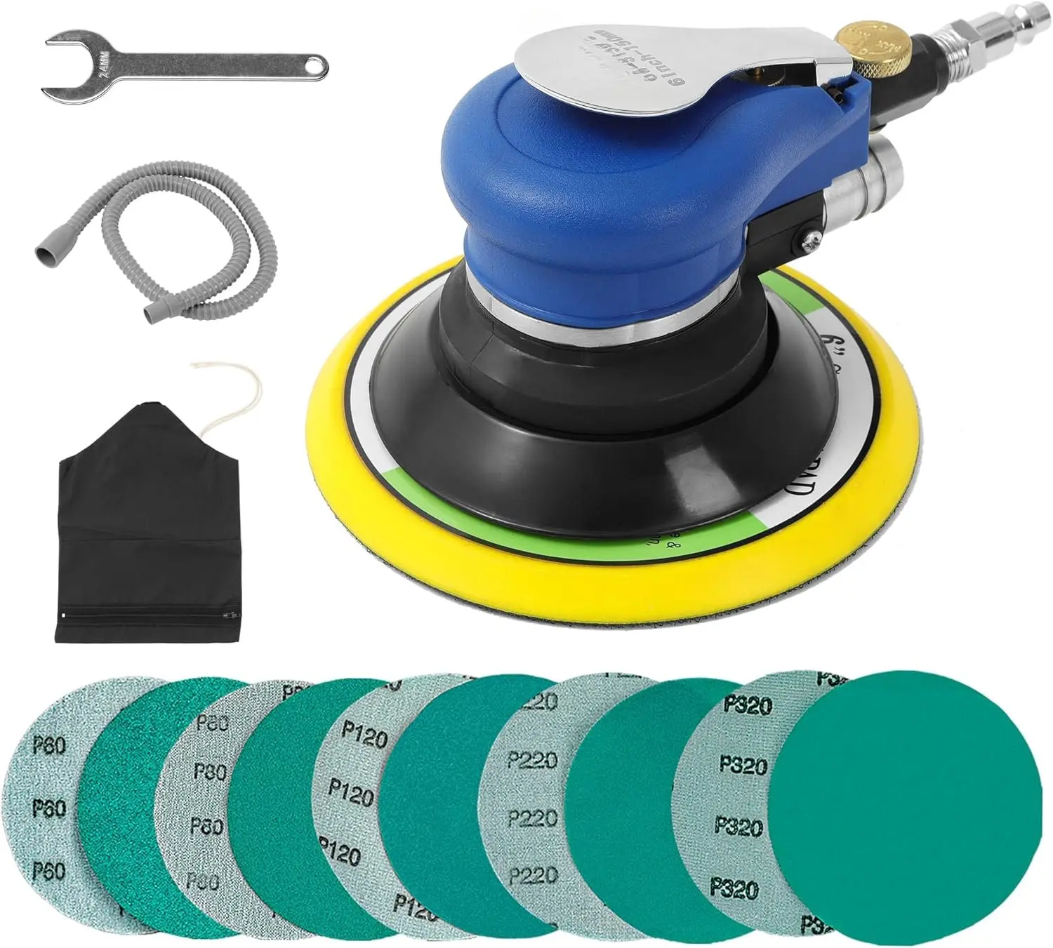 Air Random Orbital Sander Self-Vacuum with Hose and Dust bag by , Pneumatic Palm Sander Orbital Sander With 10 count Sandpapers for Auto  Work, Woodworking (6 Inch-Vacuum Type)
