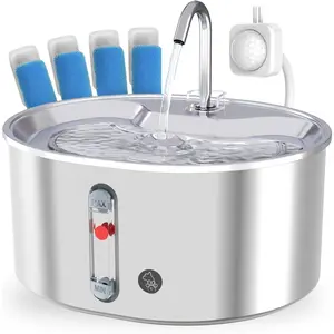 Stainless Steel  Water Fountain: 108oz/3.2L Water Fountains for Cats Indoor,  Water Fountain, Ultra Quiet, Water Level Window, Pet Water Fountain Bundle with 4 Extra Filters and Motion Sensor