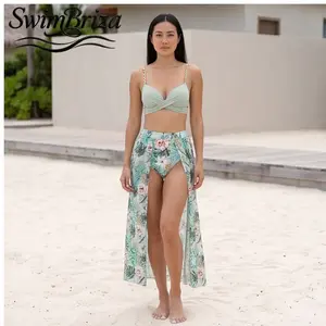Briza｜Women's High Waisted Bikini Sets Two-Piece Swimsuit Underwire Push Up Bathing Suit Mint Tropical Floral Print Swimwear with Cover Up for Vacation Pool Beach Summer Swim Sets, Women's Swimwear, Bathing Suit for Women, Cover Up Swimwear
