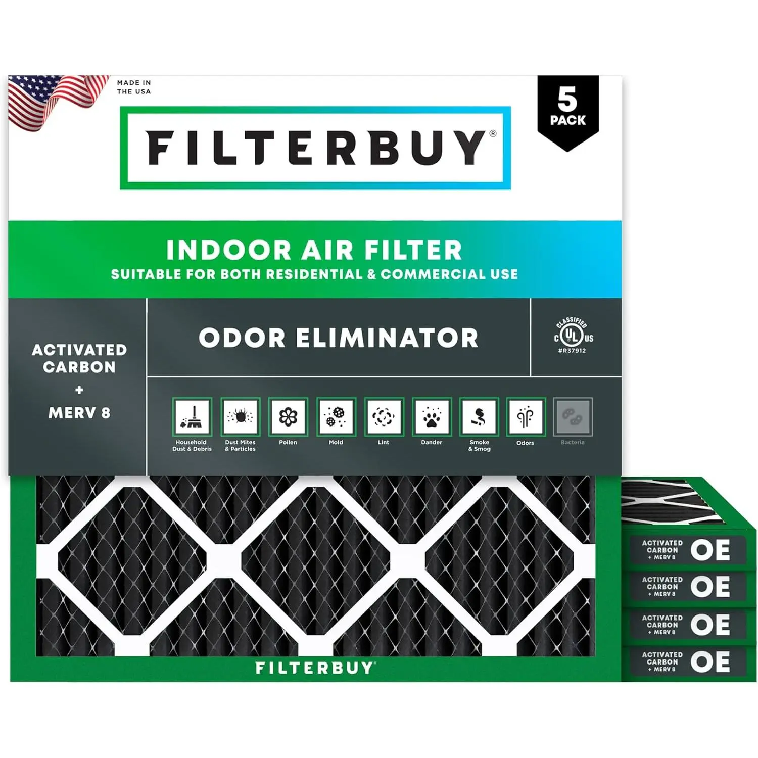 Filterbuy 12x12x1 HVAC AC Furnace Air Filter (5-Pack) - Pleated Shape MERV 8 Polypropylene Synthetic Electrostatically Charged Replacement Parts, Clean Living Odor Defense (Actual Size: 11.75x11.75x0.75 in)