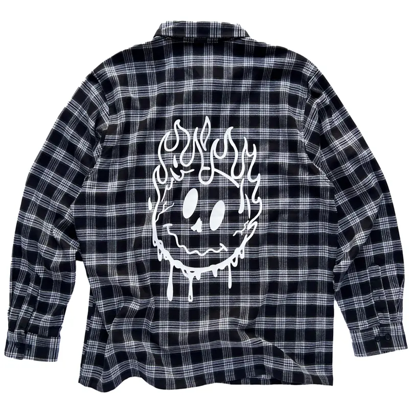Kill Crew Men's Smiley & War Wolf Checked Flannel Shirt - Casual Collared Neck Long Sleeve Soft Menswear Top, Poly-Cotton Blend, Button Closure, Sturdy Stitching, Street Style, Breathable Fit, All Seasons Men's Clothing Essential