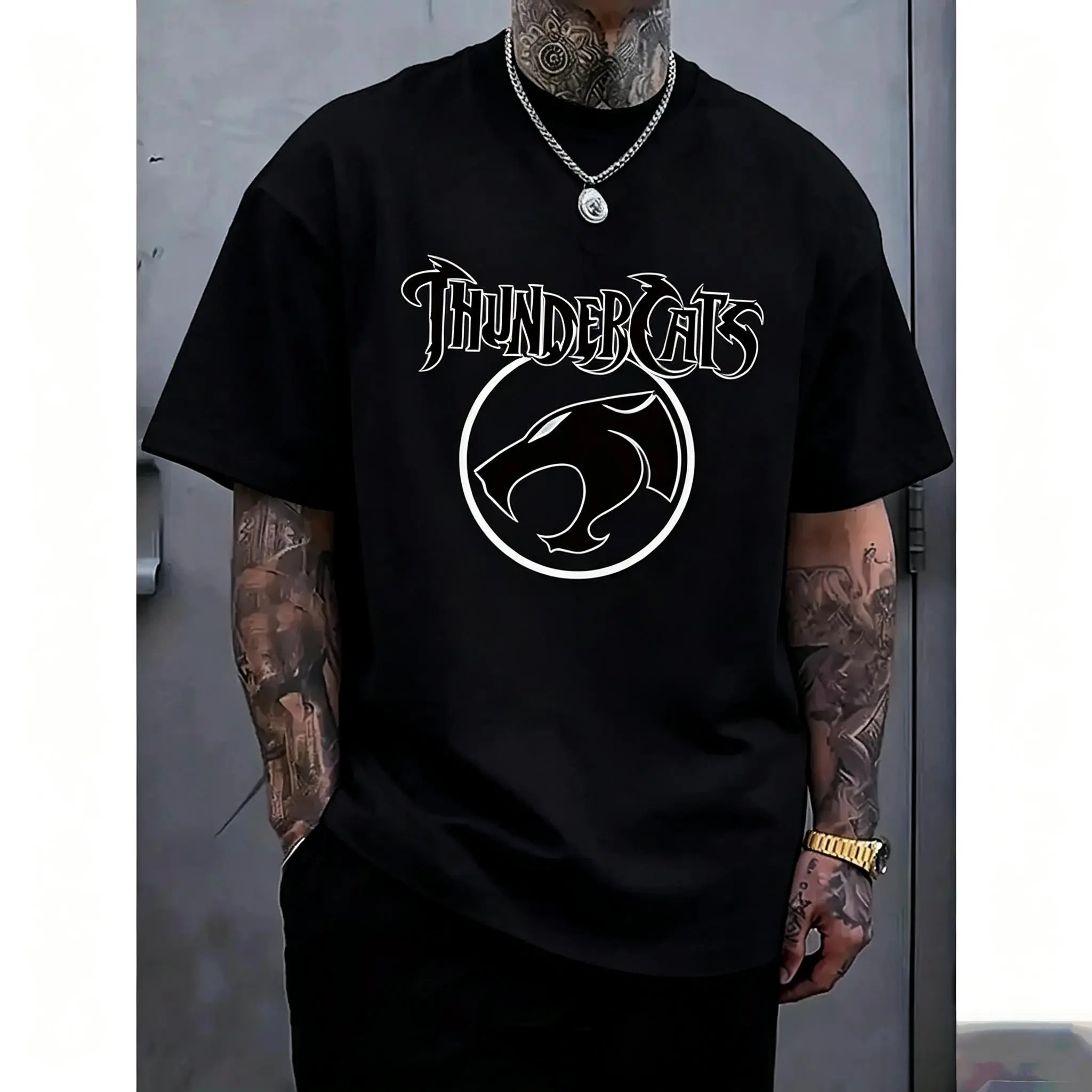Men's Black "ThunderCats" Graphic T-Shirt - Comfy Basic Tops Undershirt, Crew Neck Shortsleeve, Roaring Cat Design, Regular Fit Stretchy Fabric, Casual Streetwear for Daily Wear Bold Tee