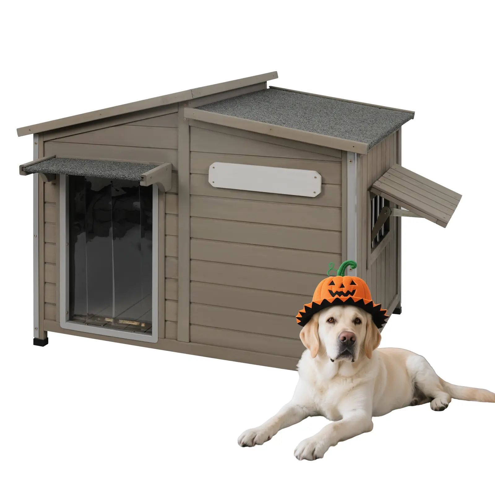 Petscosset Spacious Lean-To Wooden Dog House, Waterproof Asphalt Shingle Roof, Anti-Bite Metal Reinforcement, Ventilated Flip Window, Removable Floor for Deep Cleaning, Personalized Blank Name Sign, Indoor Outdoor Medium Dog Kennel