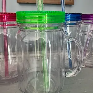 20 oz Portable Reusable Mason Tumbler Cup with Handle, Colored Lid, and Straw - Washable Drinkware for Daily Drinks