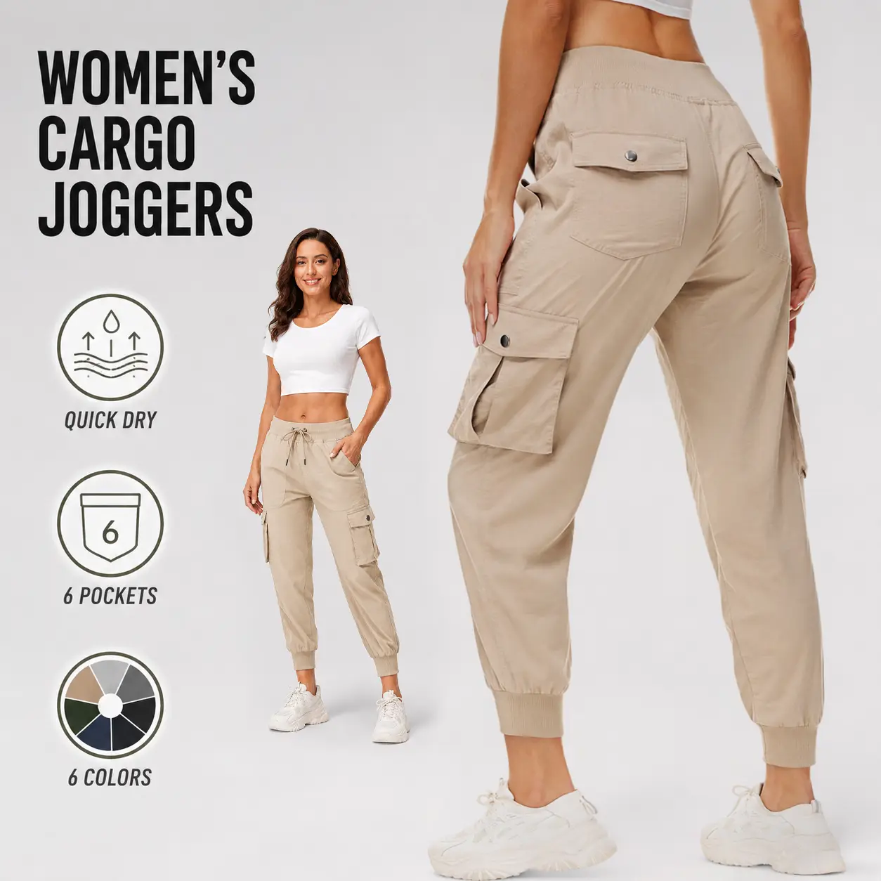 Women's 6-Pocket Lightweight Cargo Joggers, Quick-Dry Breathable Stretch Hiking Pants with Adjustable Drawstring Elastic Waist and Ribbed Ankle Cuffs, Relaxed Tapered Outdoor Travel Workout Lounge Casual Utility Pants for Women, Everyday Activewear