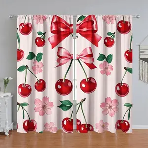 2Pcs Cute Cherry & Pink Bow Printed Curtain Panels, Semi Sunshade Pole Pocket Style Window Drapes, for Home Living Room Bedroom Balcony Kitchen Study Bathroom Decoration, Accessory, Anti Privacy, Home Textile