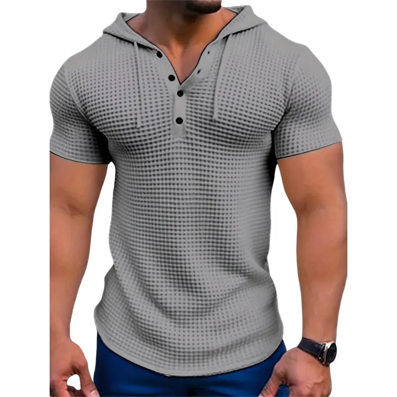 Men's Waffle Knit Hooded Short Sleeve T-Shirt, Henley Four-Button Slim-Fit Curved Hem Casual Top, Breathable Solid Color Texture Tee Suitable For Fitness, Commute And Daily Casual Outfits#SummerWins