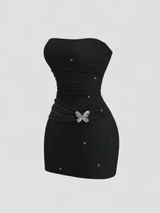 LUNIS Sweetra Knitted Metallic Thread Sexy Bandeau Waist Fitted Mini Dress