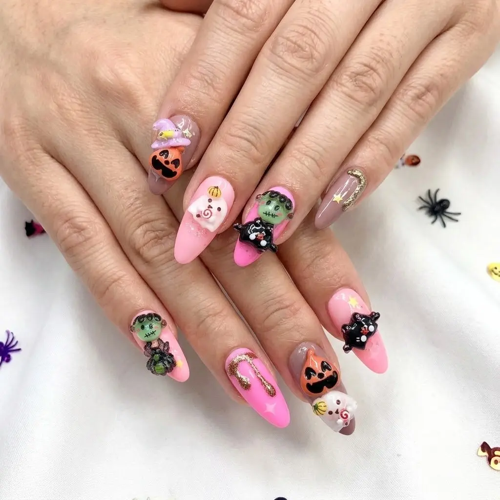 Women's 3D Cute Halloween Press-On Nails - Goth Almond Shape Full Cover Nail Art Accessories, Easy Apply, with Spooky Pink Design, Horror Bat, Ghost Dangle 3D Charms & Glitter