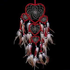 Large Handmade Red Dream Catcher Five hearts Traditional Dreamcatcher Feather Wall Hanging Decor,Christmas Thanksgiving Gift