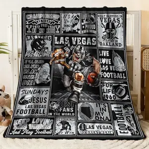 Vintage Las Vegas Football Flannel Figure Print Blanket, Retro Sports Poster Style Throw with Raiders - Inspired Graphics, “I’ll Bleed Silver & Black”, “Sundays Jesus & Football” Slogans for Fans, Soft, Heartfelt Gift Blanket