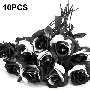 10 Pack Artificial Rose Bouquets, Gothic Floral Plastic Fake Flowers for Wedding Halloween Decor, Realistic Stem Home Office Display, Decorative Flowers