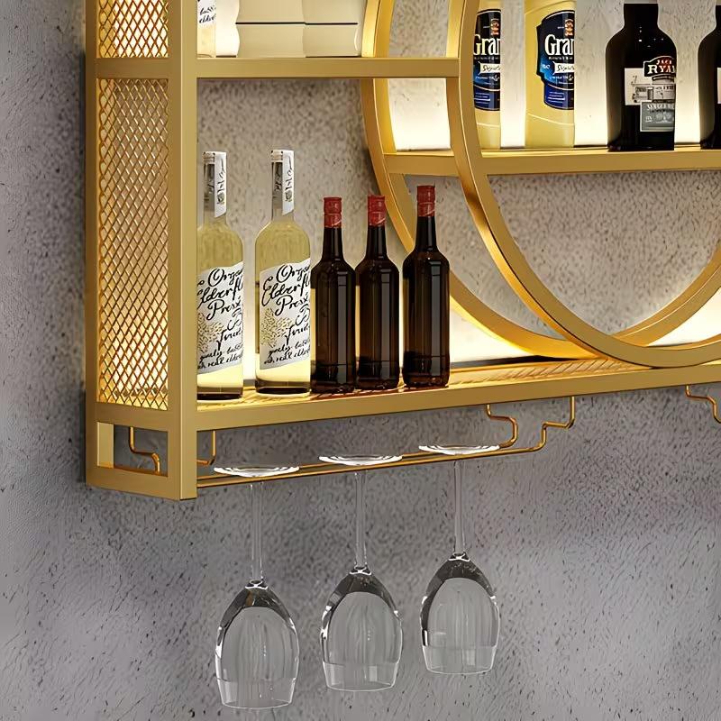 47-Inch Spacious Wall-Mounted Wine Rack Featuring a Glass Holder, 3 Tier Bottle Rack with LED Lights, Floating Display for Kitchen Living Room Bar Area Modern Wine Shelf High Quality Durable Metal Construction for Home Bartenders And Wine Enthusiasts