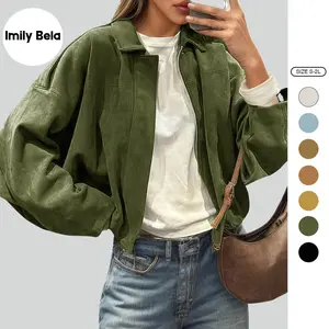 Imily Bela Womens Faux Suede Bomber Jackets Oversized Cropped Zip Up Lapel Coats Fall Casual Outerwears