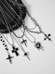 New 6-Piece Dark Series Heart Cross Pendant Chain Halloween Gothic Necklace, Stylish Jewelry for Horror Lovers
