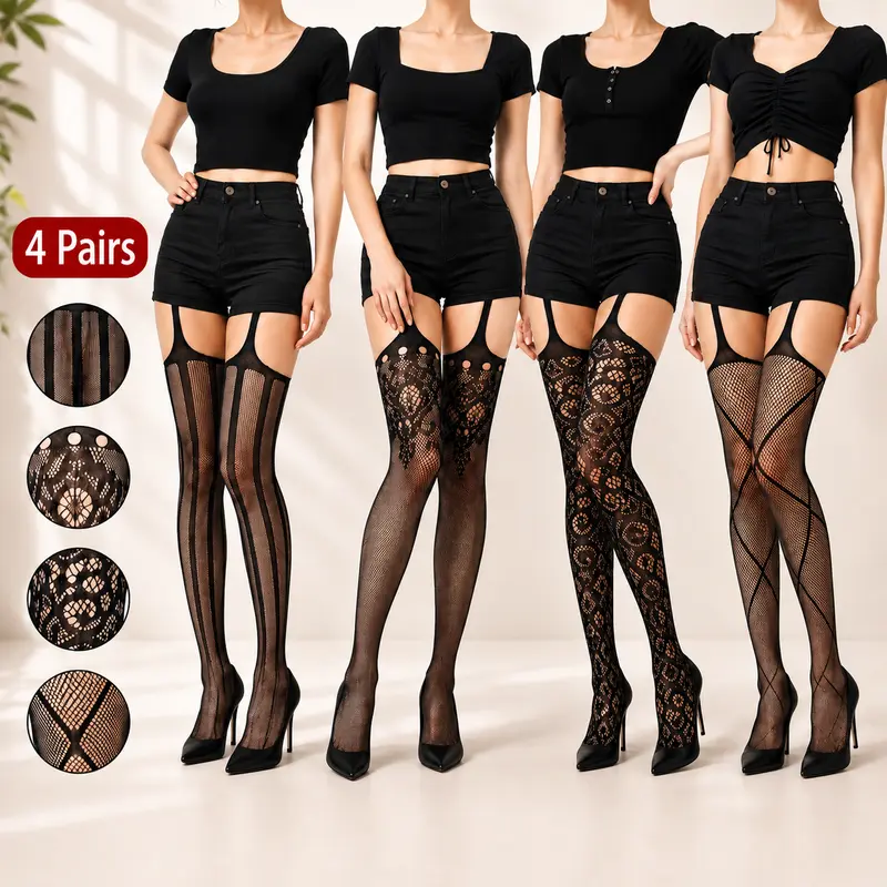 Women's Plus Size Fishnet Thigh High Stockings 4-Pack - Nylon Blend, Stretchy, Soft, Breathable, Garter-Accented, Fashion Underwear for Women, Body-Positive Curvy Fit, Costumes & Everyday Wear Lingerie