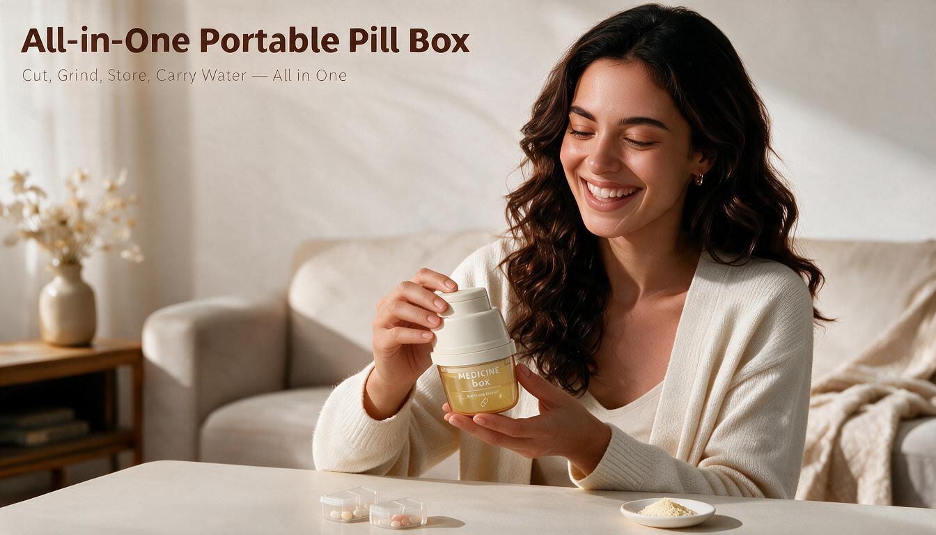 Portable Pill Organizer with Water Cup, Pill Box with Pill Cutter and Pill Crusher, 2 Compartment Travel Medicine Case for Daily Storage