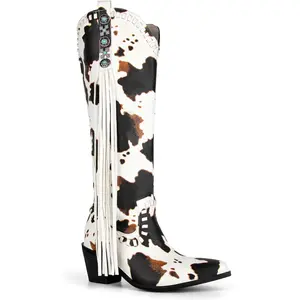 Evolra Women's Y2K Style Cow-Print Knee-High Cowboy Boots - Turquoise Fringe Western Heels