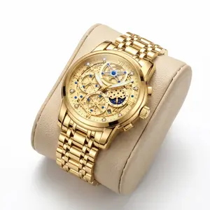 Men's Automatic Watch Luxury Gold Stainless Steel Band, Multi-Function Self-Winding Mechanical Wrist Watch with Sun Moon Phase, Skeleton Open Heart Diamond Index Men's Watch