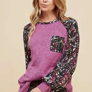 WOMEN MULTI CONTRAST POCKET LONG SLEEVE LOOSE TOP MAGENTA