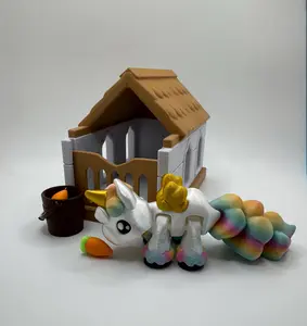 3D Printed Unicorn and Stable Scene • Rainbow Unicorn Playset • Feed Bucket & Carrots Included