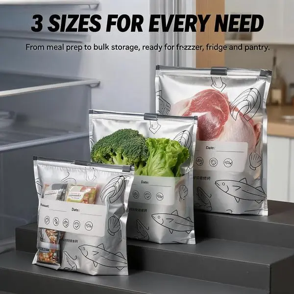 Reusable Silver Freezer Storage Bags - 30-Pack, 3 Sizes, Leakproof Sealed Food Pouches for Meat, Fruit, Kitchen Meal Prep Portioning, Home Organizer Supplies