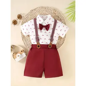 New(New)A Three-Piece Set for Baby Boys Featuring a White Short-Sleeve Shirt, Khaki Shorts, And a Complimentary Belt with a Bow Tie, for Outdoor(Gift)11