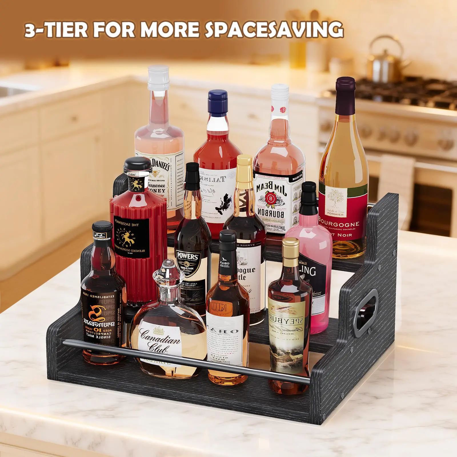3-Tier LED Liquor Display Shelf for Home Bar, Whiskey & Wine Bottle Organizer, Lighted Bar Stand, Coffee Syrup Rack,