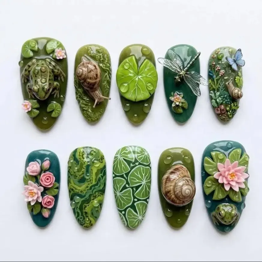 3D Handmade Fairy Forest Press On Nails Set Frog & Snail, Butterfly Art Luxury Gif For Her On Birthday, Party, Wedding Day