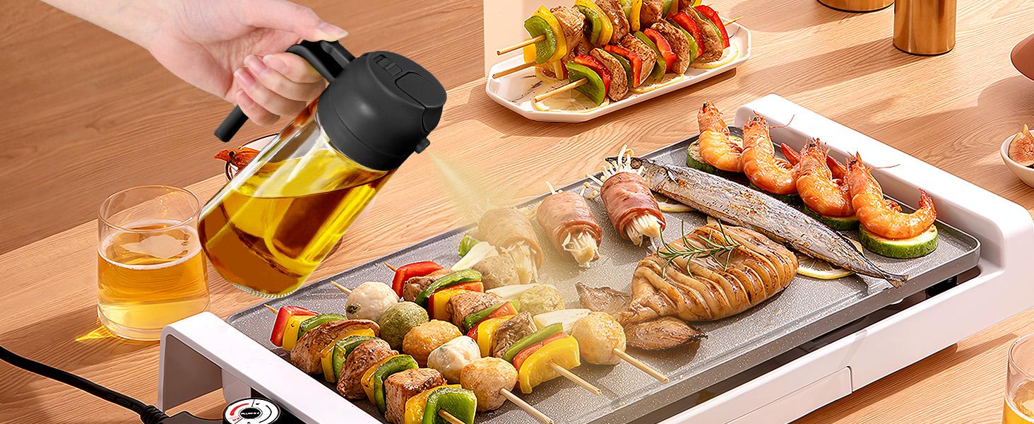 16oz/470ml Glass Olive Oil Sprayer for Cooking with Stickers, 2 in 1 Oil Dispenser for Kitchen Gadgets, Food Grade Premium Spray Bottle with Portion Control for Salad, Frying, BBQ (Black)