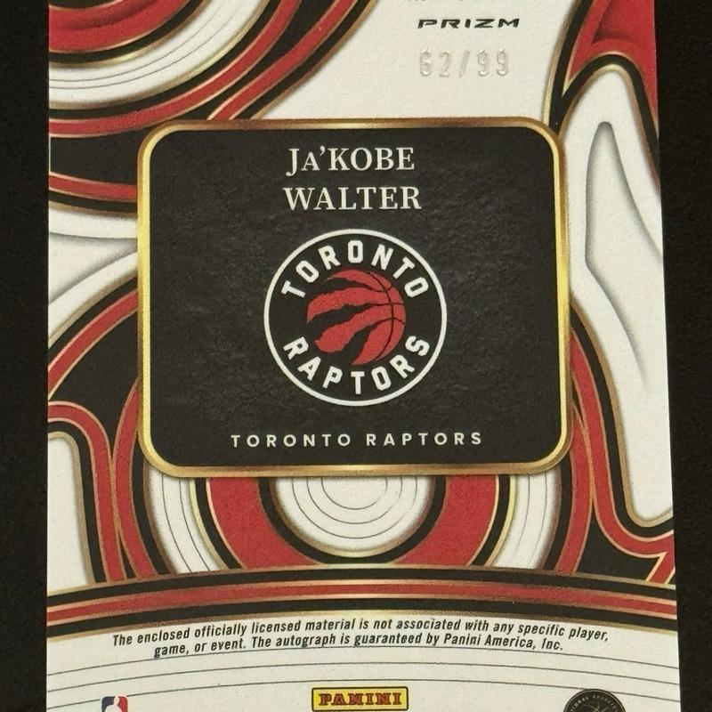 BASKETBALL- 2024–25 Panini Select - Ja’Kobe Walter Prime Selections Rookie Auto Patch /75 Rookie  - Toronto Raptors