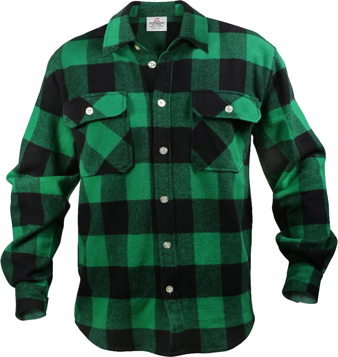 Men's Casual Collared Green Plaid Extra Heavyweight Flannel Shirt, Menswear with Fabric Pockets, Top, Cotton