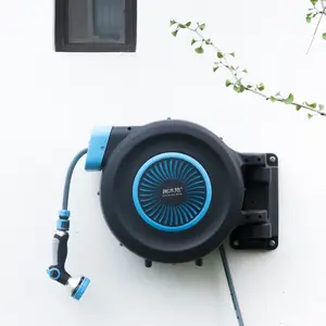 66 1/2 inches automatic retractable hose reel, wall-mounted 180° rotating garden hose, with 8 water modes and a direct spray nozzle; automatic retraction saves space—an outdoor watering tool suitable for yard washing and cleaning; freeze protection and su