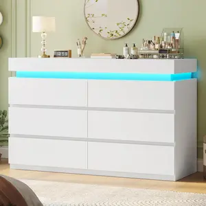HAUOMS 6 Drawer Dresser with LED Light, White Modern Chest of Drawers for Bedroom,Closet Dressers with Drawers for Living Room, Entryway, Hallway