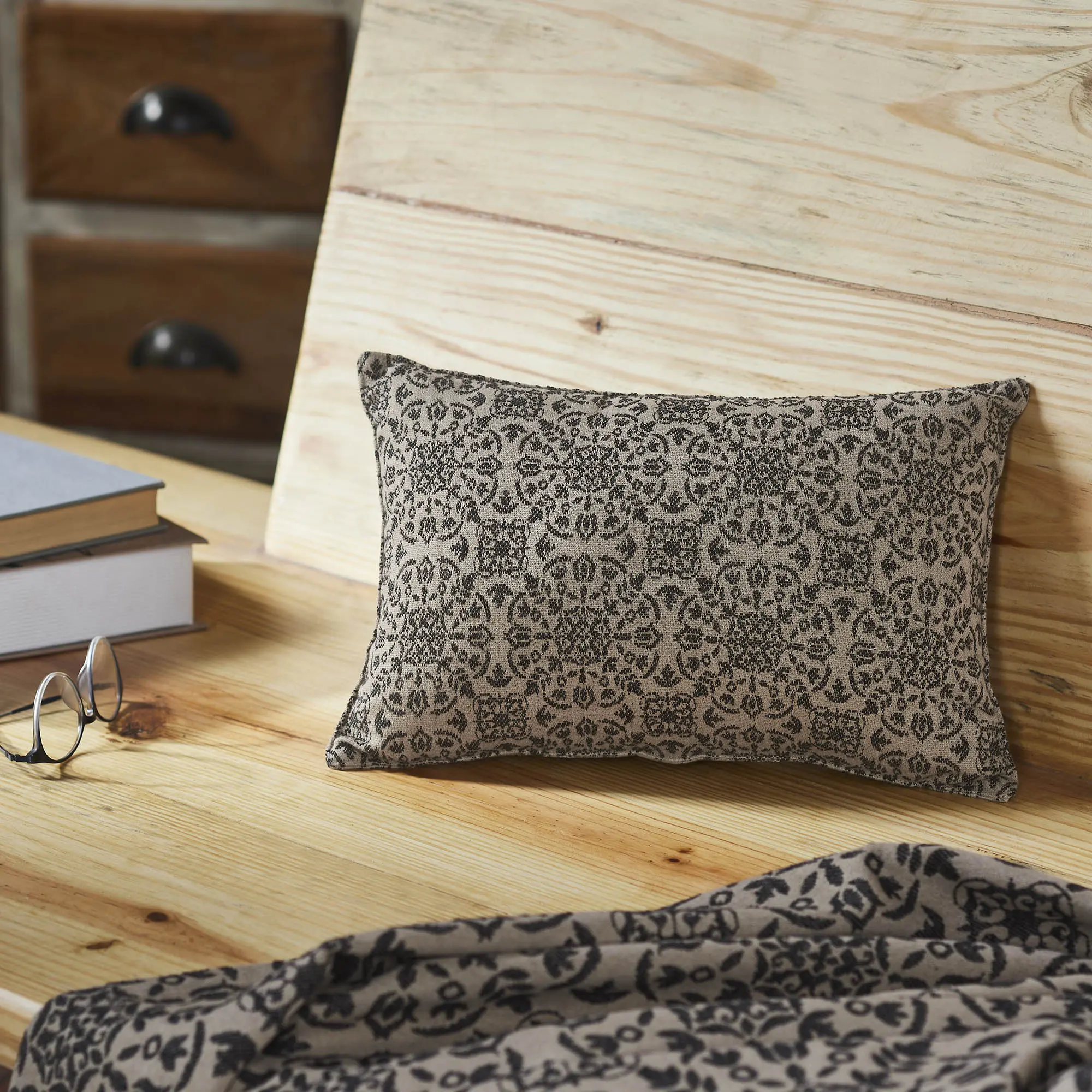 Medallion Design Black Tan Jacquard Pillow, Cotton Blend Rectangular Home Décor Pillow with Rustic Elegance