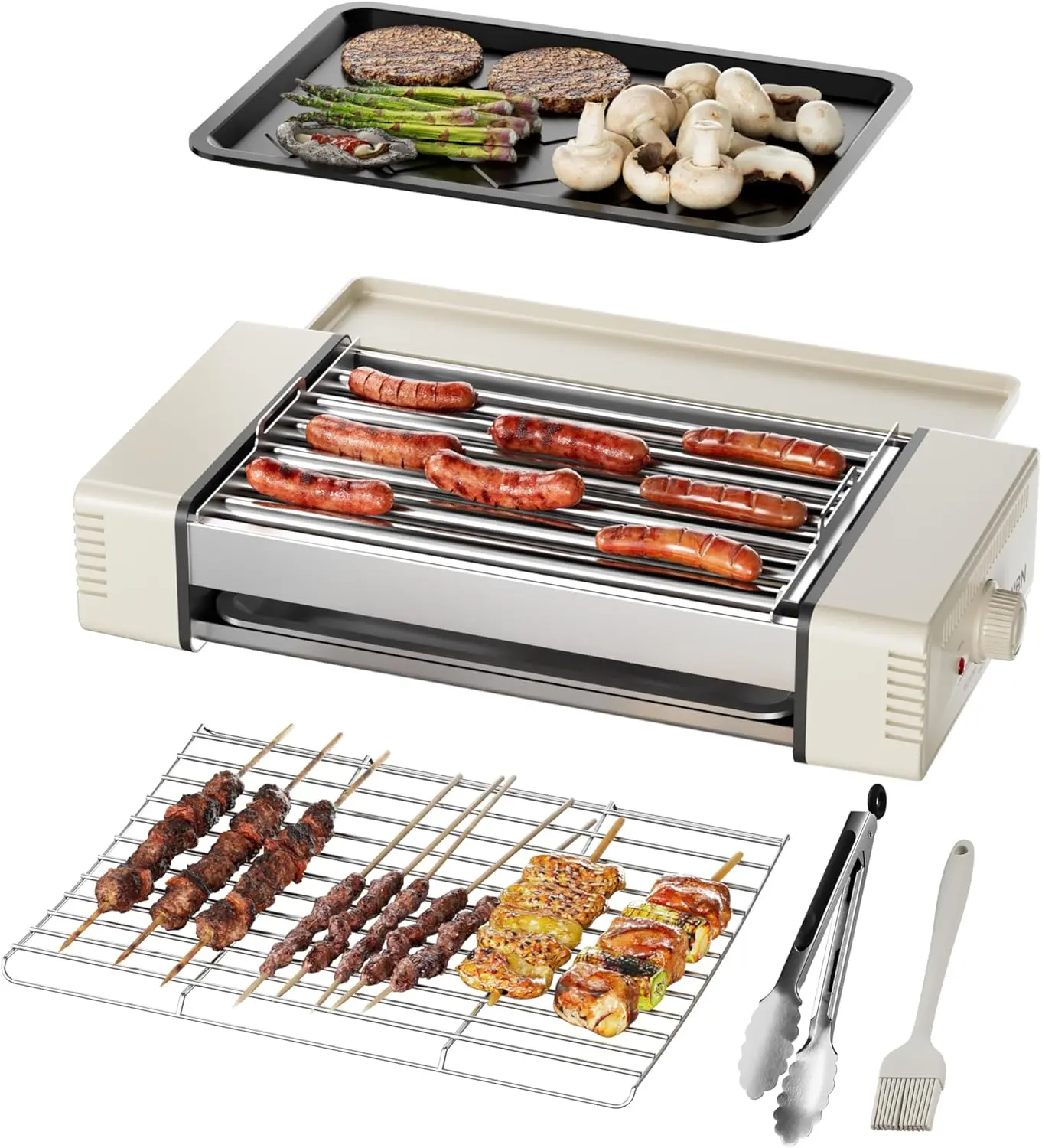 HBN 3-in-1 Hot Dog Roller Grill Machine - 800W Compact Portable Indoor Smokeless Lightweight Corded Electric Sausage Griller with Nonstick Griddle, Grill Rack for Kitchen Small Spaces, Birthdays, Portable Grill, Indoor Smokeless Grill