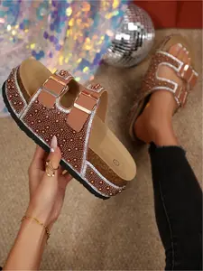 Crystal Platform Clogs | Double Buckle & Wineglass Heel | Hot Girl's Go-To for Streets and Clubs Sparkling Platform Slides | Double Buckle & Cork Heel | Luxe Slip-Ons, Effortlessly Chic & Comfy, Women Sandal, Glitter Sandals