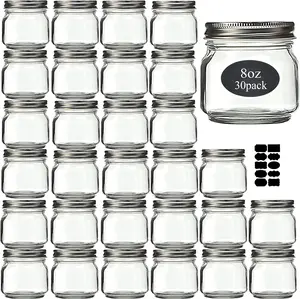 30-Pack 8 oz Mason Jars with Silver Lids - 1/4 Quart Canning Jars for Jelly, Jam, Honey, Pickles, and Spices - Includes 30 Chalkboard Labels
