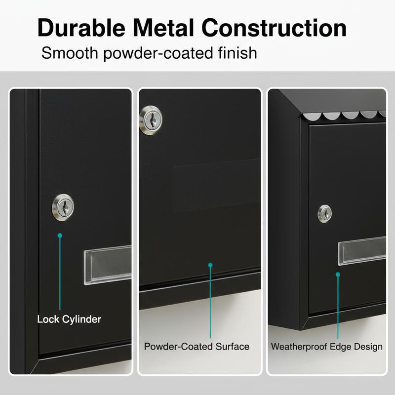 CNCEST Metal Wall-Mounted Mailbox with Key Lock Large Capacity Mail Box with View Window for Home or Office Spraying Molding Process Rainwater Protection Modern Black Organiser Racks