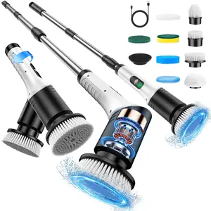 USB Rechargeable Electric Rotating Scrubber, 3/7/9 Interchangeable Brush Heads, Adjustable Handle, LED Display, Powerful Cleaning Tool, Handheld Cleaning Brush, Rechargeable Spin Scrubber