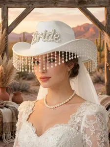 Elegant Pearl Fringe Denim Hat, Perfect for Bachelorette Parties & Pre-Wedding Raves, Essential Photo Prop, High-End Look